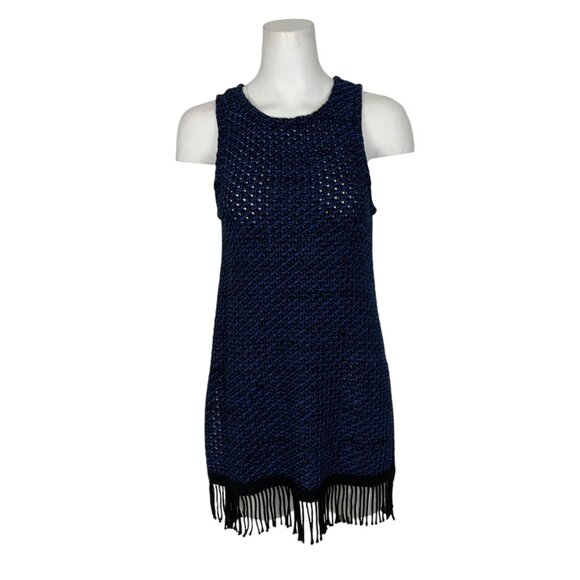 N/Nicholas Knit Fringe Tunic 8 Blue Sleeveless Sweater Scoop Neck Side Slits - Picture 1 of 12